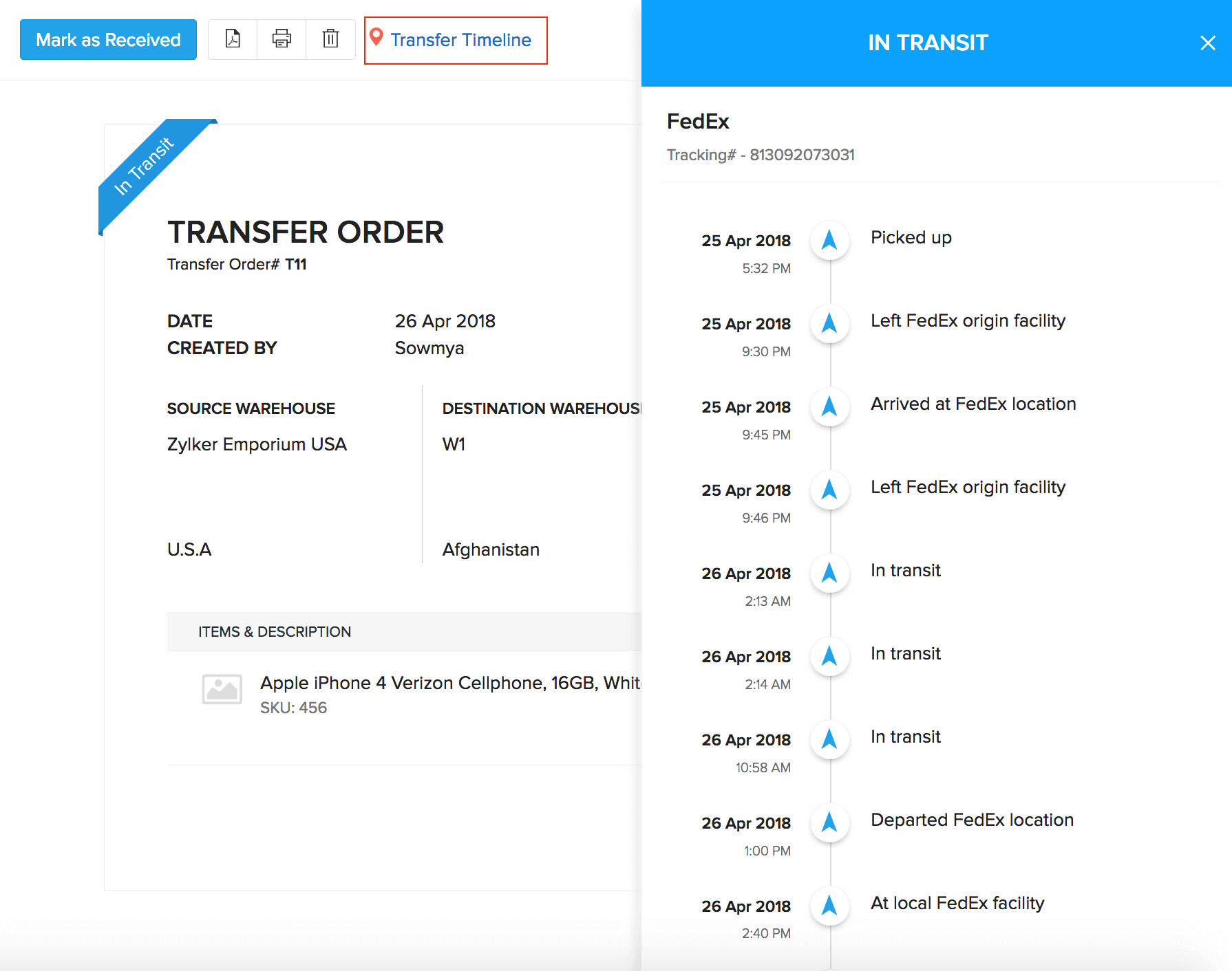 A slider tab populating real time transfer status