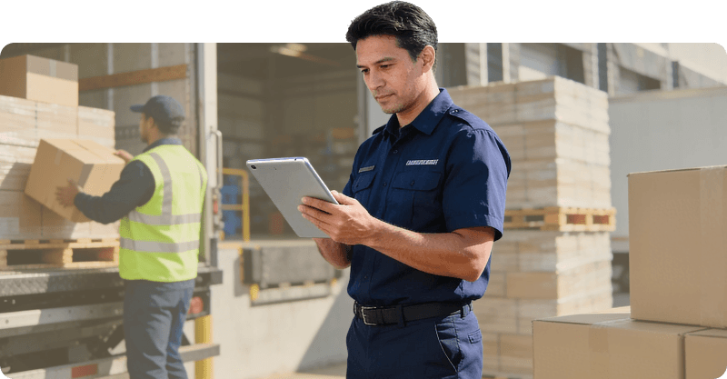 A worker uses a tablet to manage orders in a warehouse.