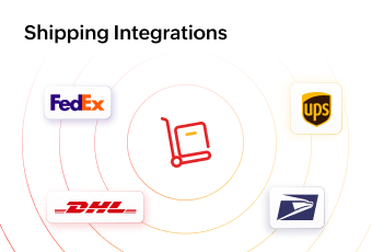 Logos of FedEx, UPS, DHL, and USPS around a cart icon for integration.