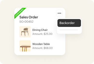 Zoho Inventory interface showing sales order status and workflow stages.