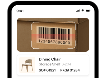 Zoho Inventory mobile app scanning a barcode to manage order details.