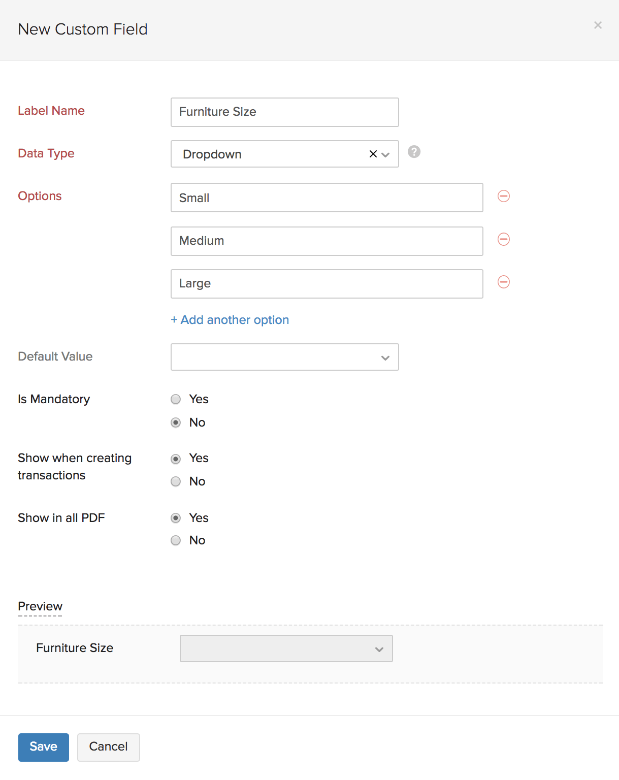 Custom Field pop-up