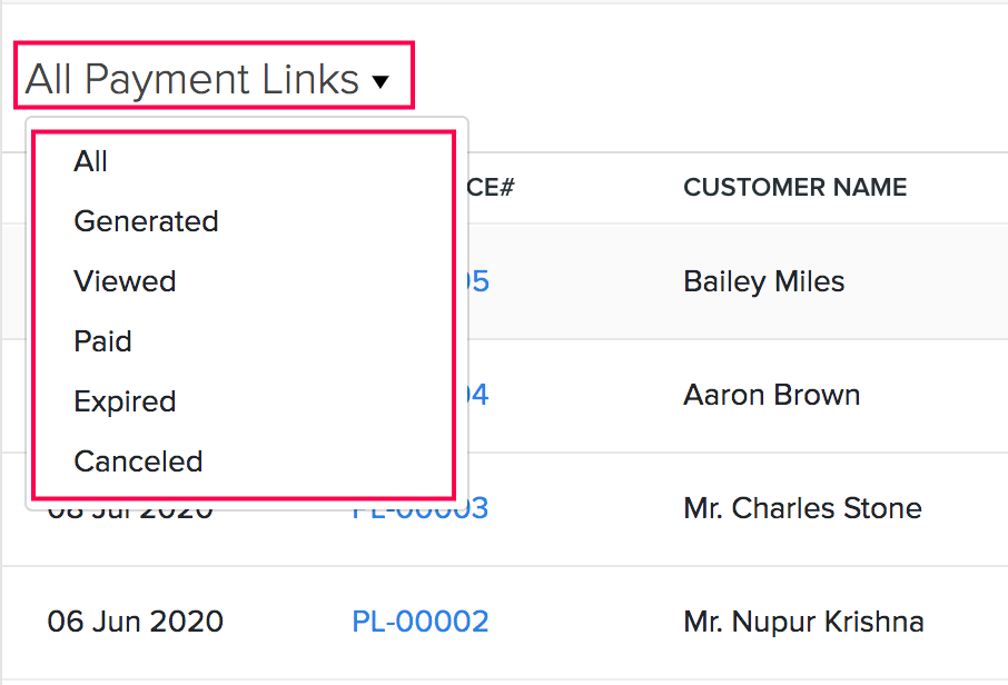 Filter Payment Links