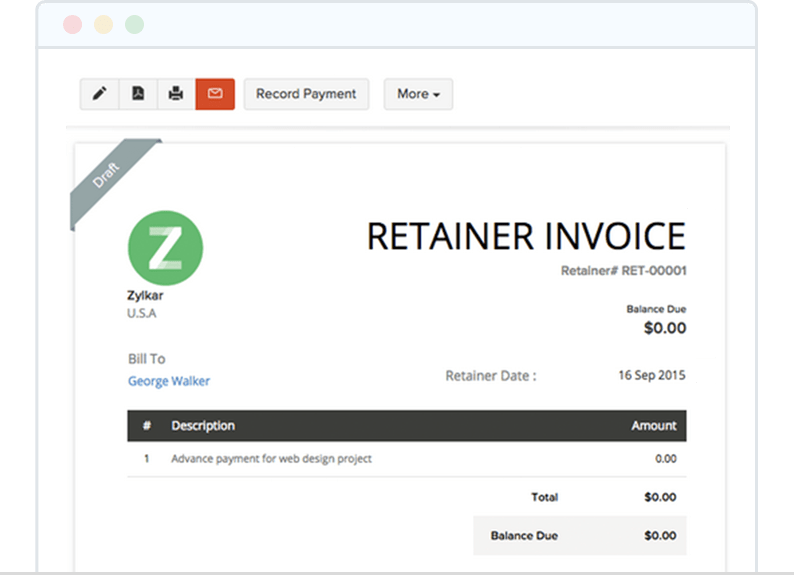 Collect Advance Payment with Retainer Invoice - Zoho Invoice