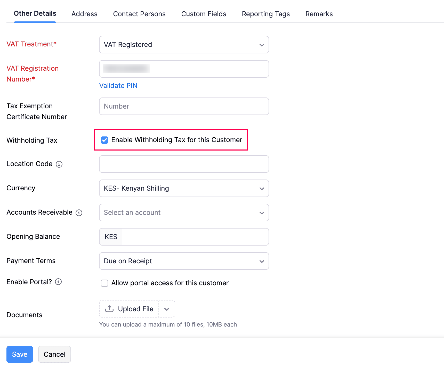Enable Withholding Tax for Customers