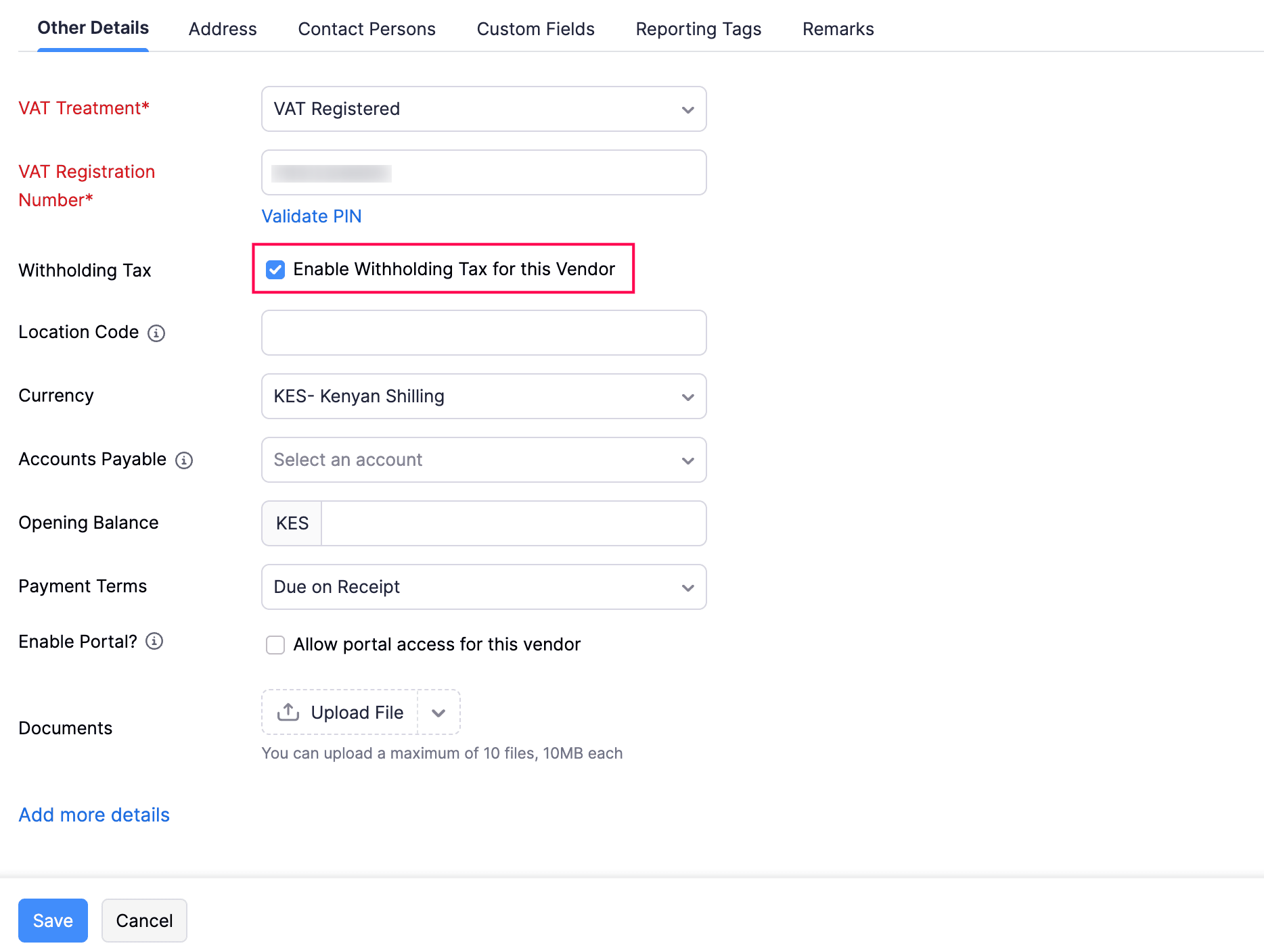 Enable Withholding Tax for Vendors