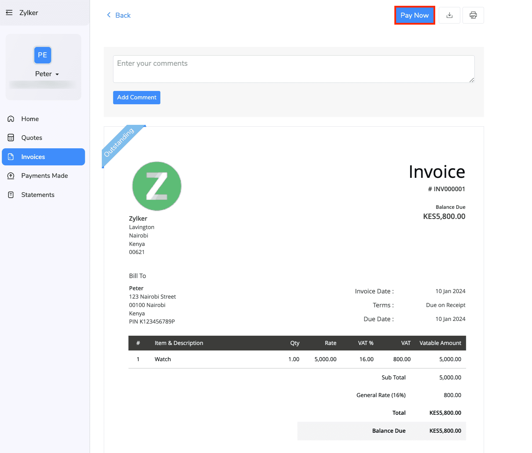 Customer Portal Invoice