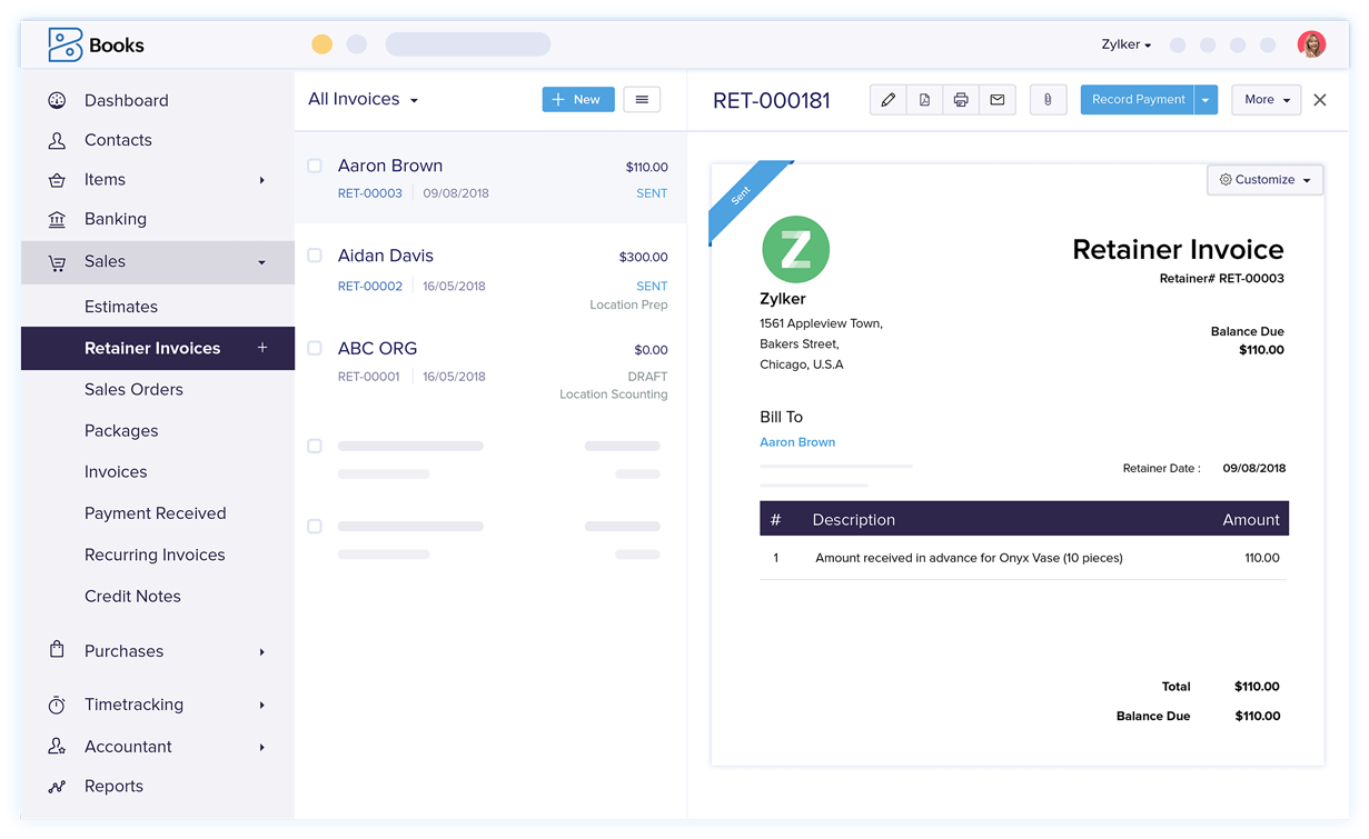 Retainer Invoices - Best Invoicing and Accounting Software | Zoho Books