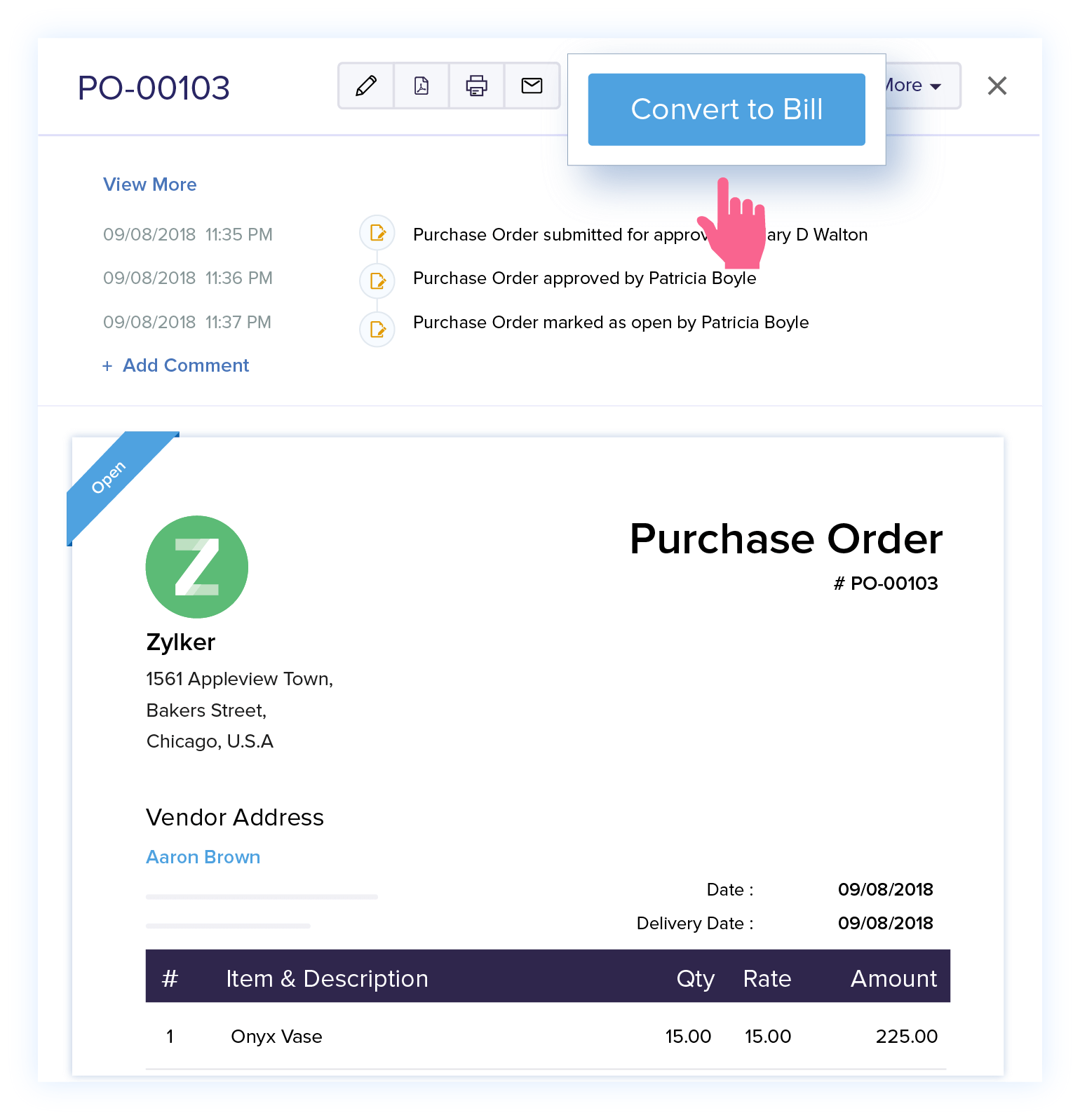 Convert Purchase Orders to Bills - Purchase Order Software | Zoho Books