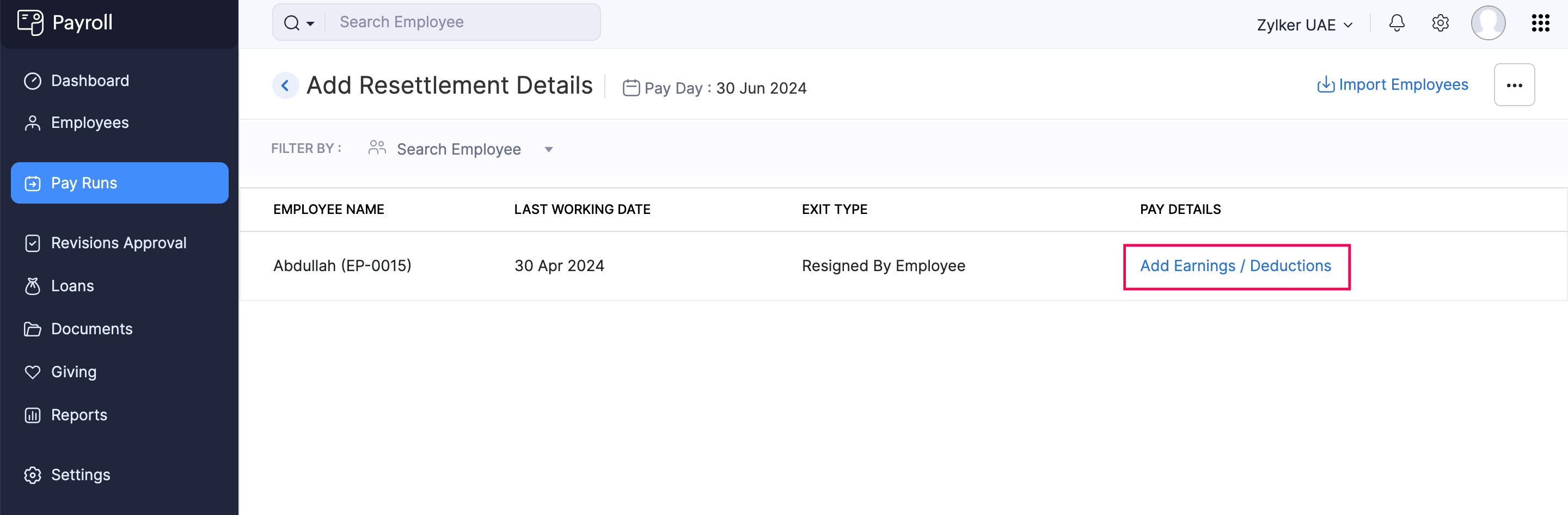 Add Earnings and Deductions for Resettlement Payroll