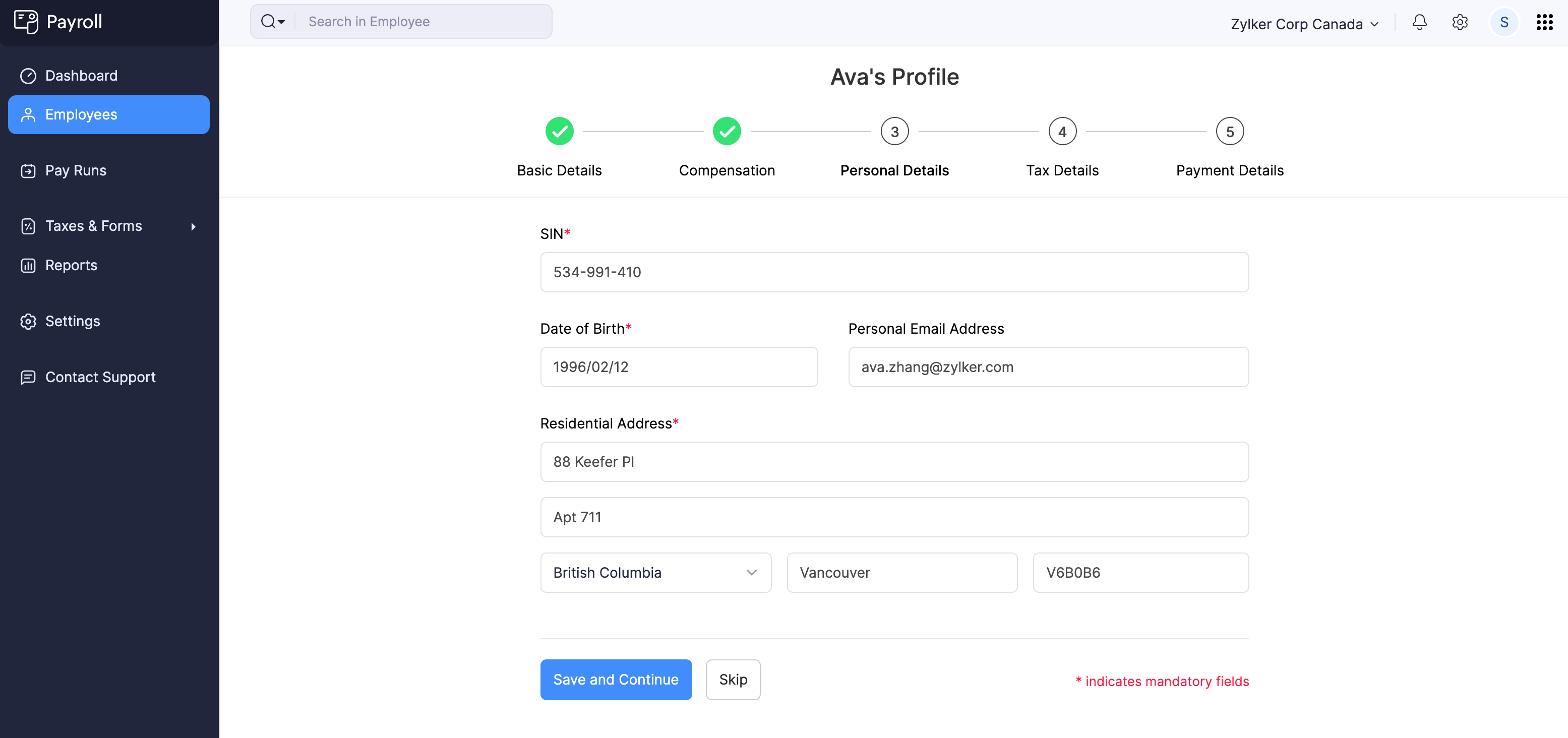Provide Employee&rsquo;s Personal Details