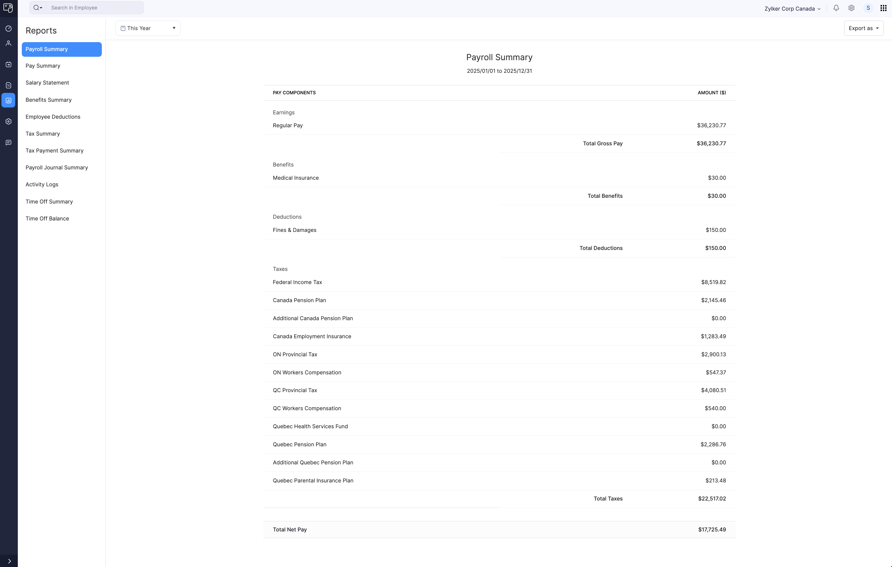 Payroll Summary Report in Zoho Payroll