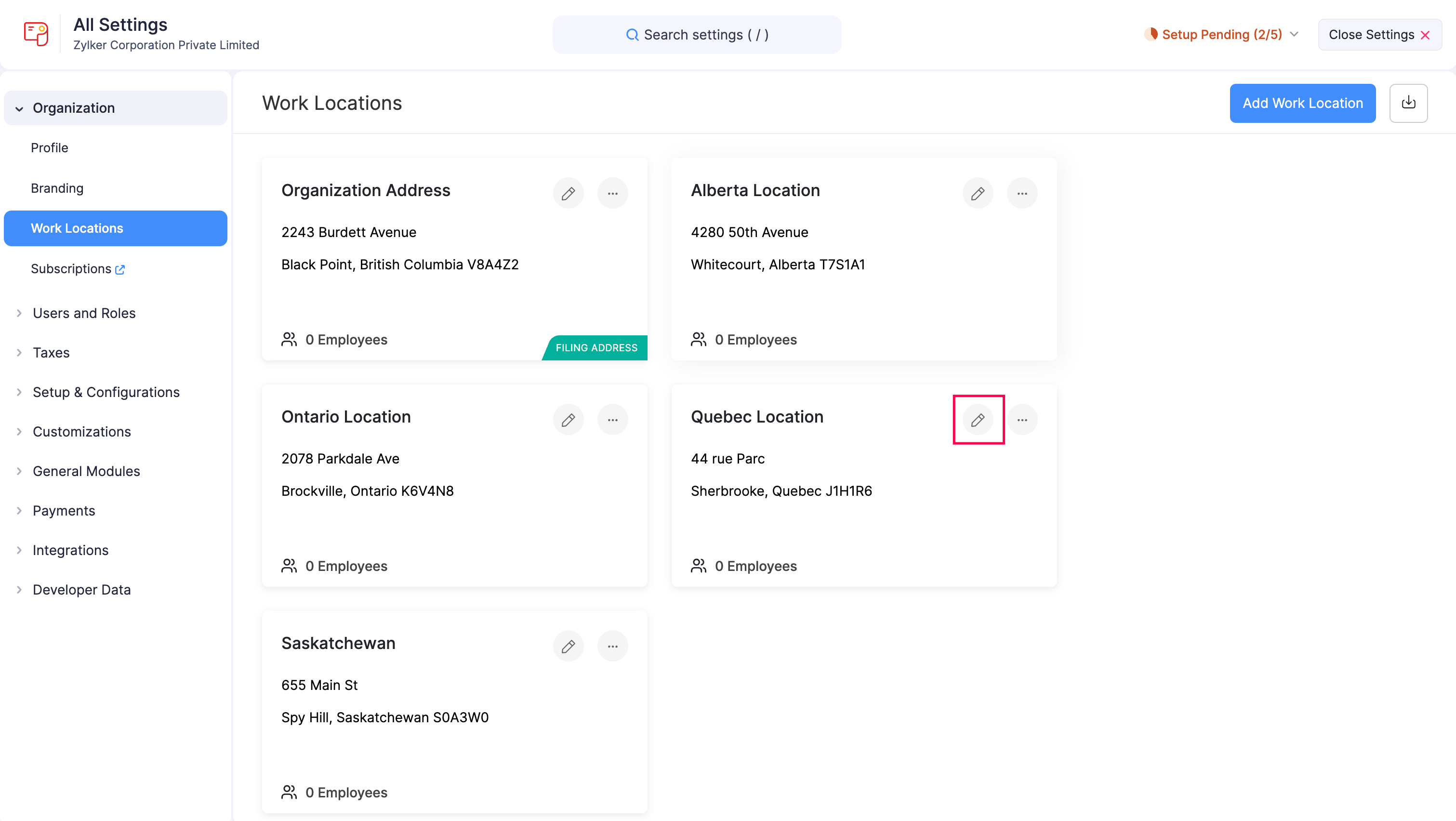Edit Work Location Details in Zoho Payroll