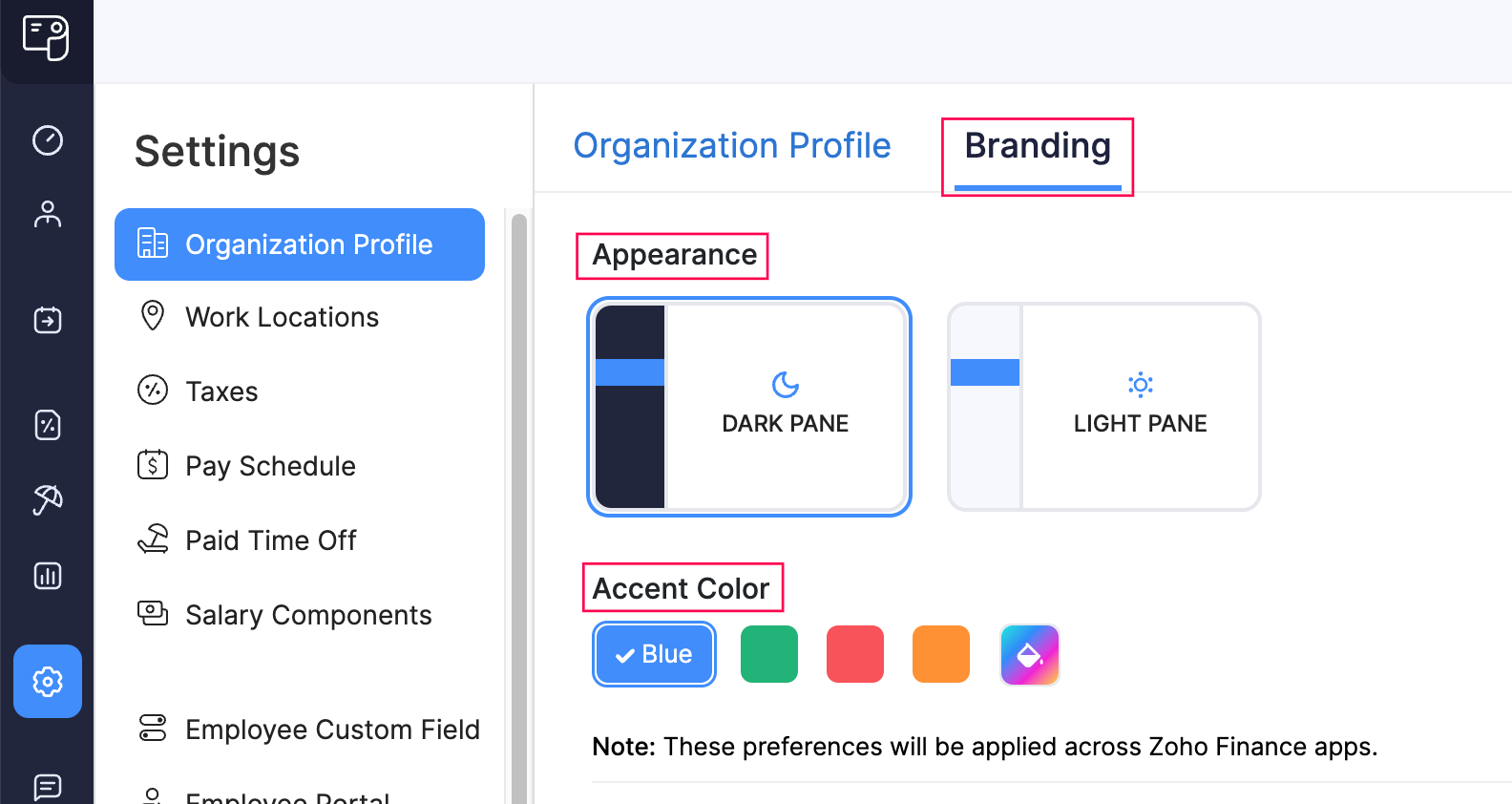 Branding Section in Zoho Payroll Settings