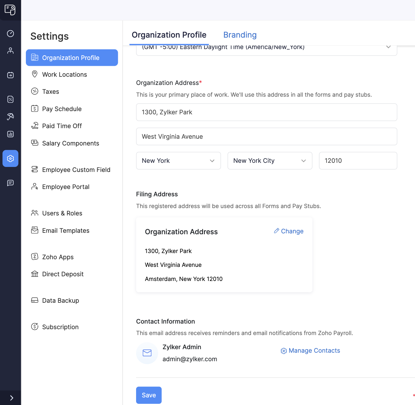 Organization Profile section in Zoho Payroll Settings