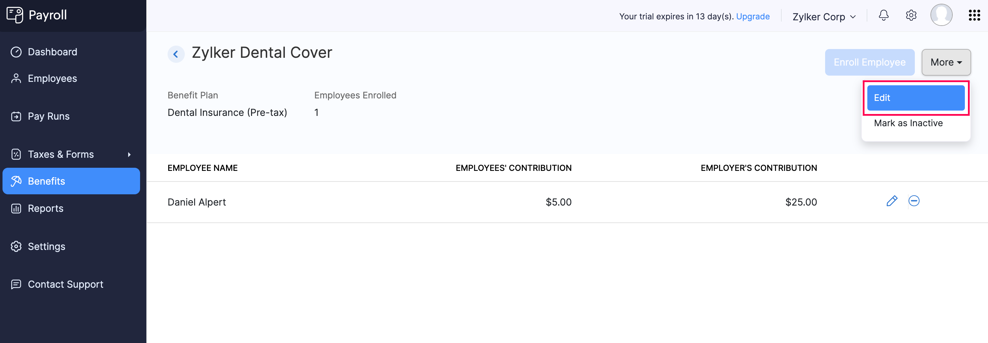 Edit a Benefit in Zoho Payroll