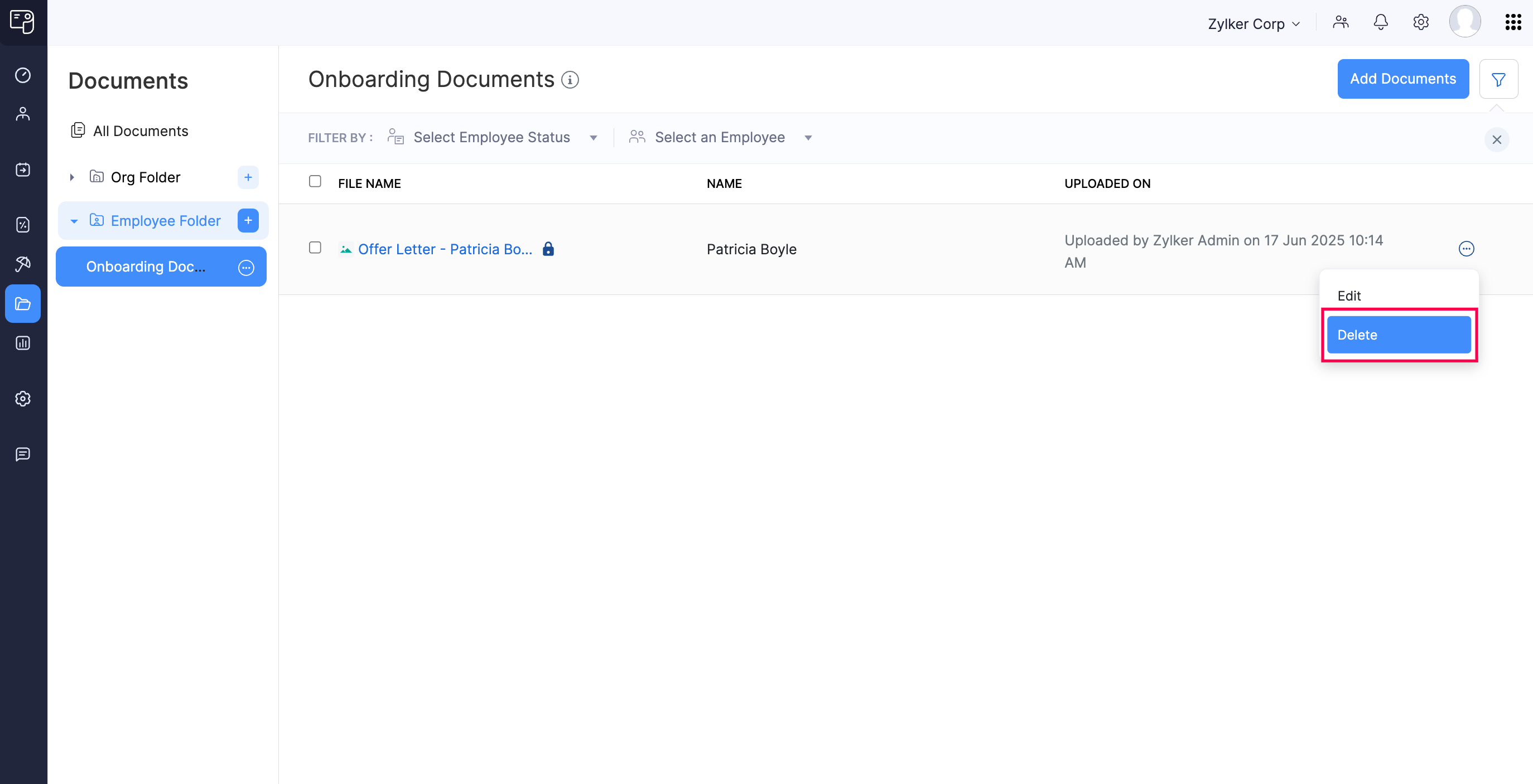 Delete Employee-Related Documents in Zoho Payroll