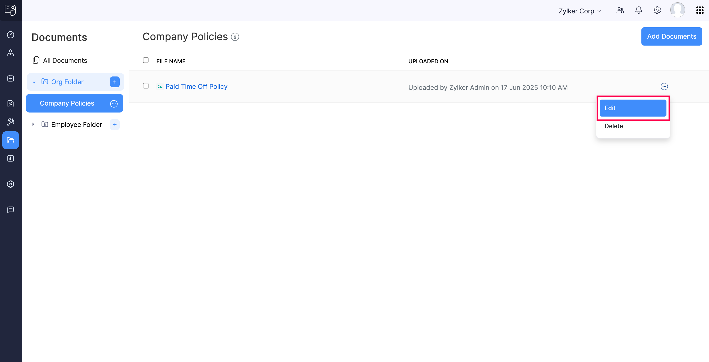 Edit Organizational Documents in Zoho Payroll