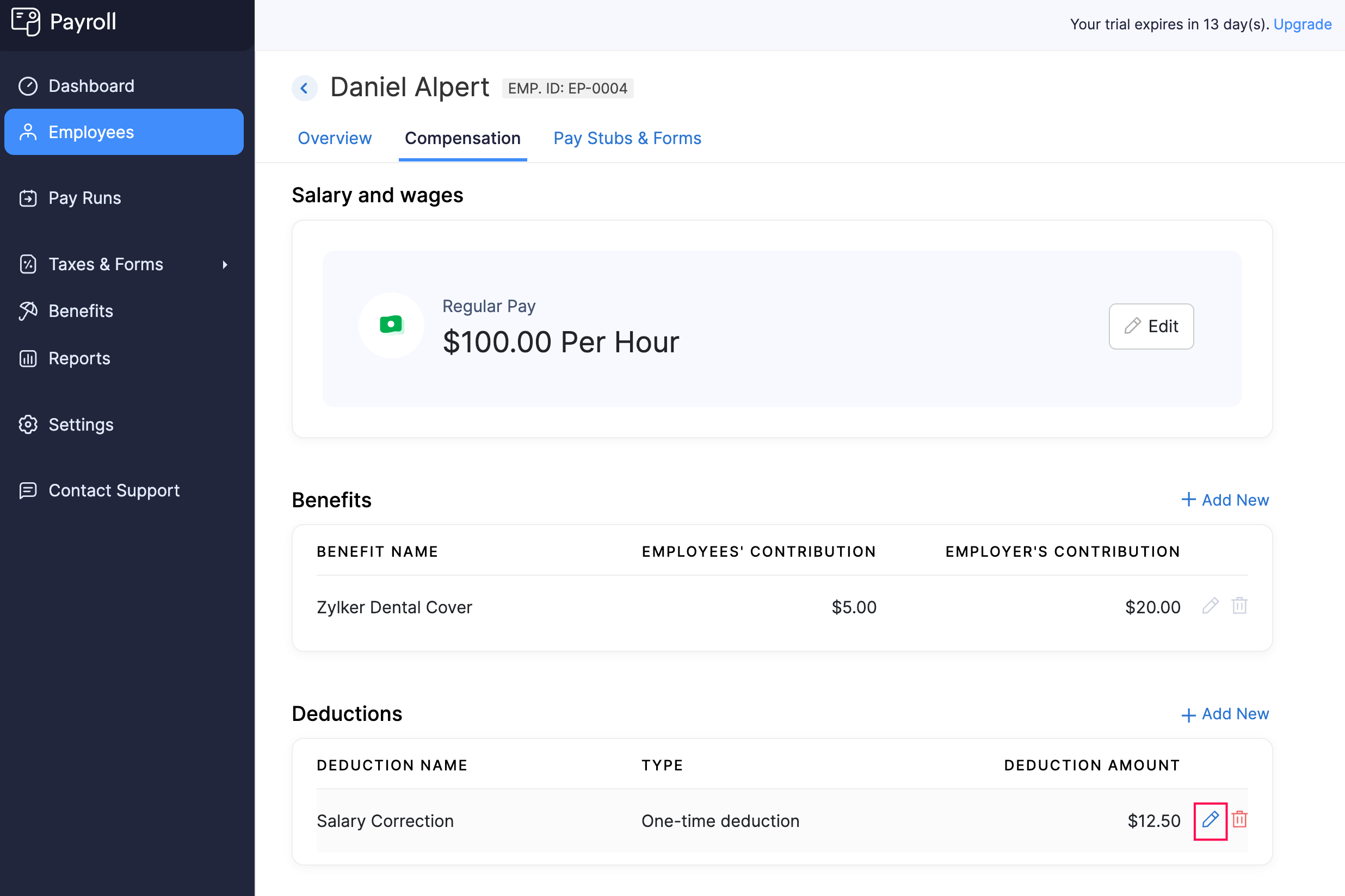 Edit Deduction Amount for Employee