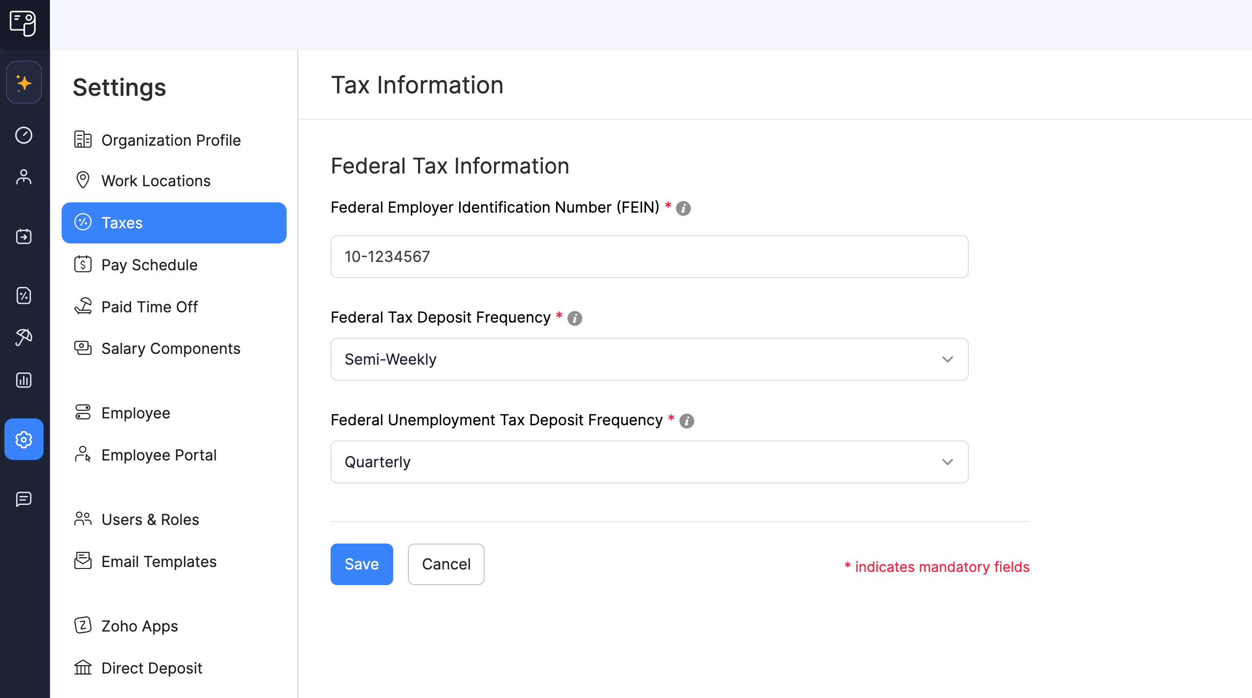 Enter the Details to Configure Federal Tax Information