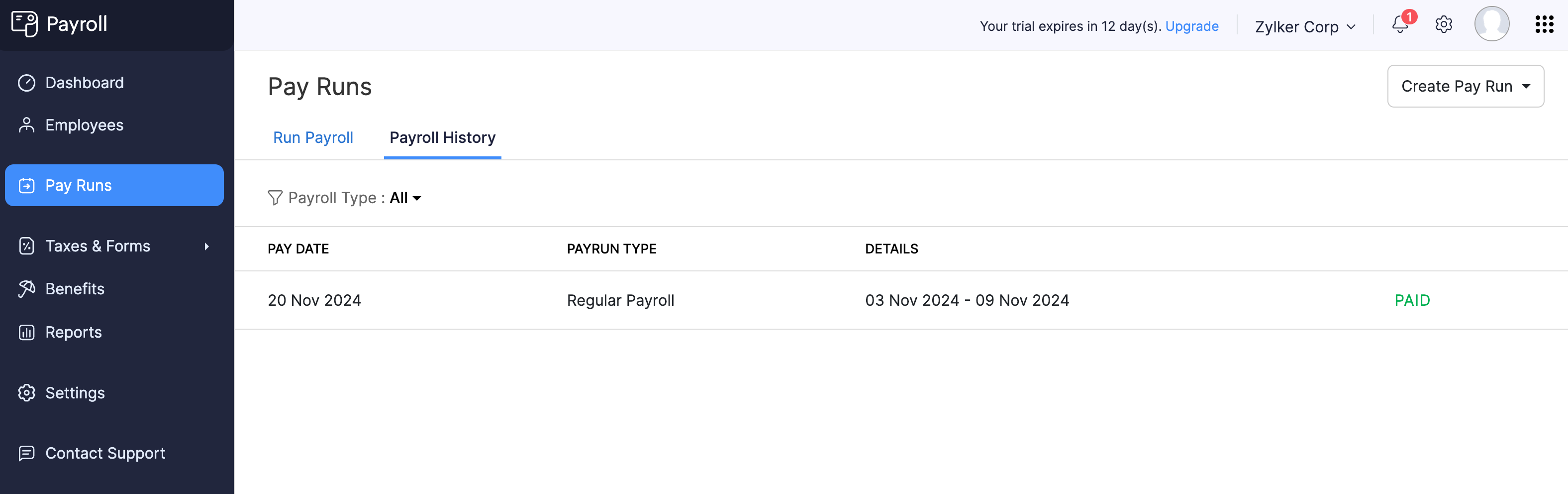 Payroll History in Zoho Payroll