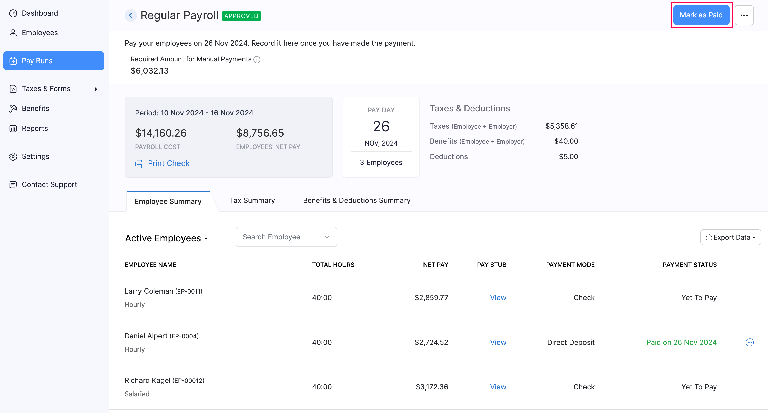 Mark as Paid Button to Record Payment for a Regular Payroll