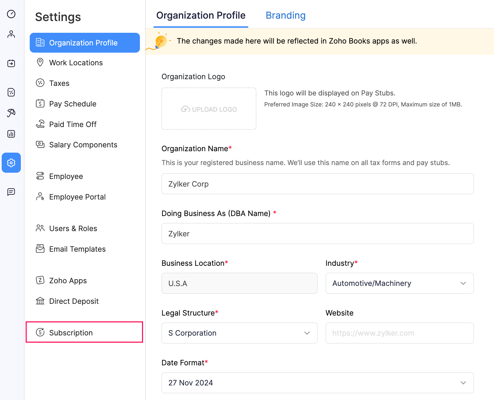 Subscriptions Button in Zoho Payroll Settings