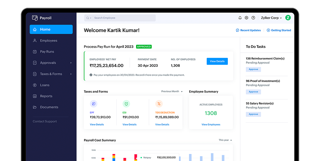 Zoho Payroll Application Screen
