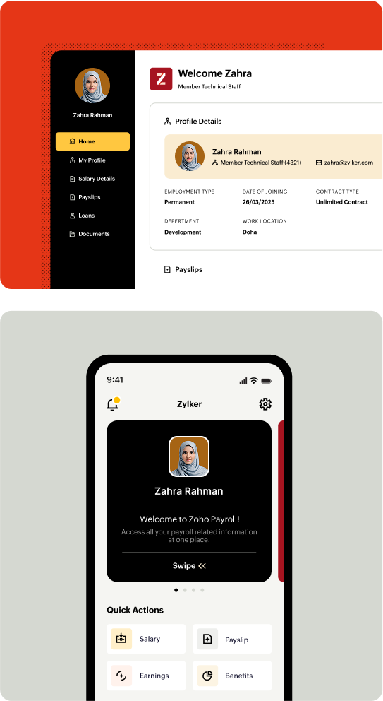 Employee portal mobile and web views of Zoho Payroll Qatar
