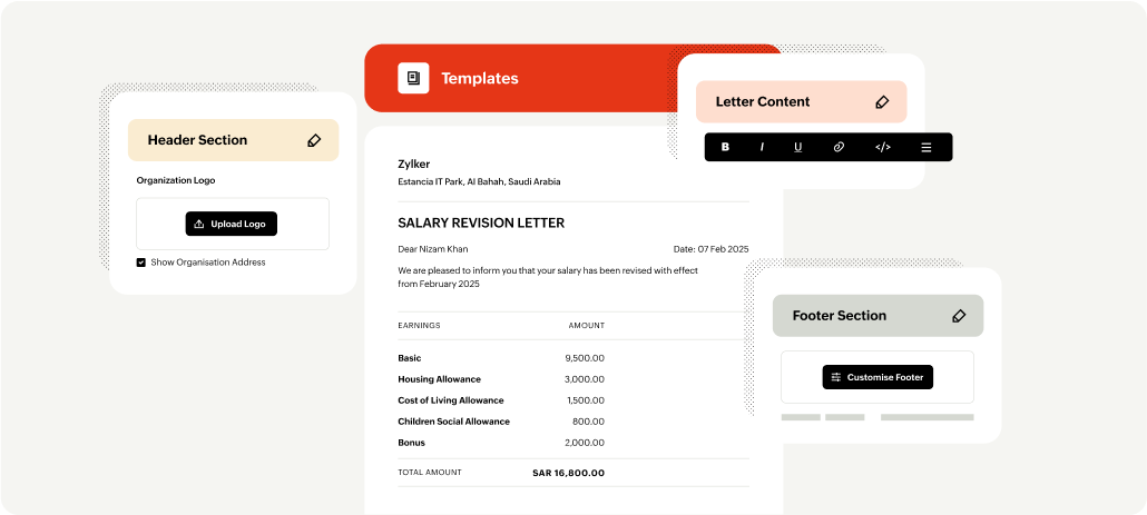 Screenshot of custom features in Zoho Payroll for saudi