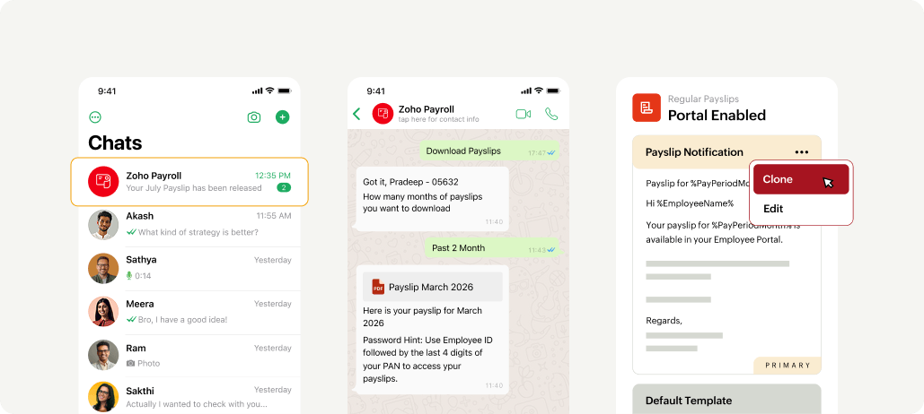 Zoho Payroll WhatsApp notifications and document delivery interface