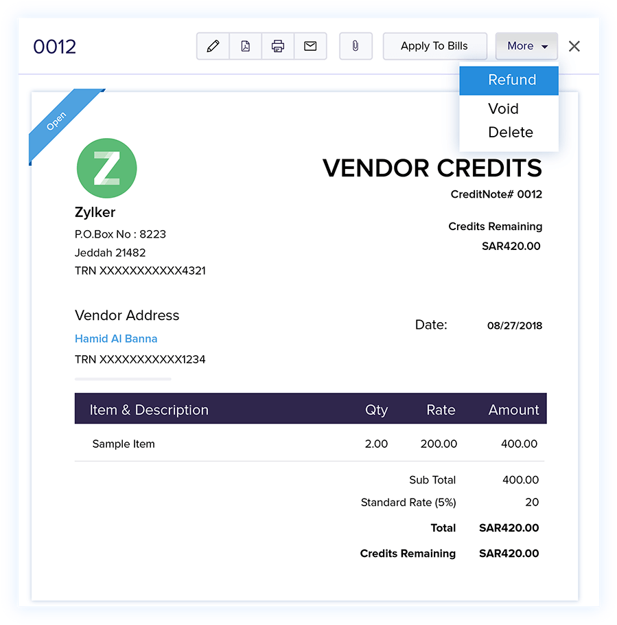 Vendor Credits - Online Billing Management Software | Zoho Books