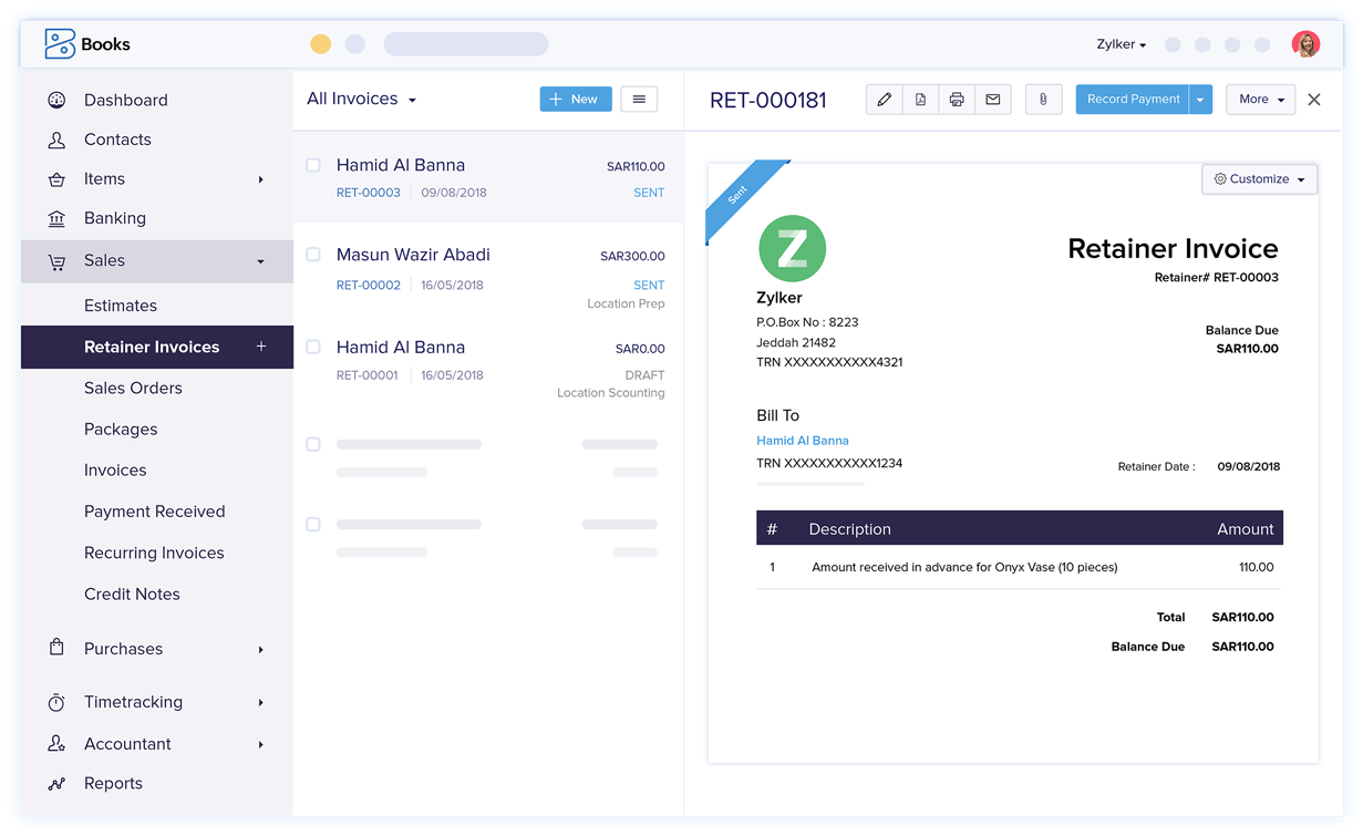Retainer Invoices - Best Invoicing and Accounting Software | Zoho Books