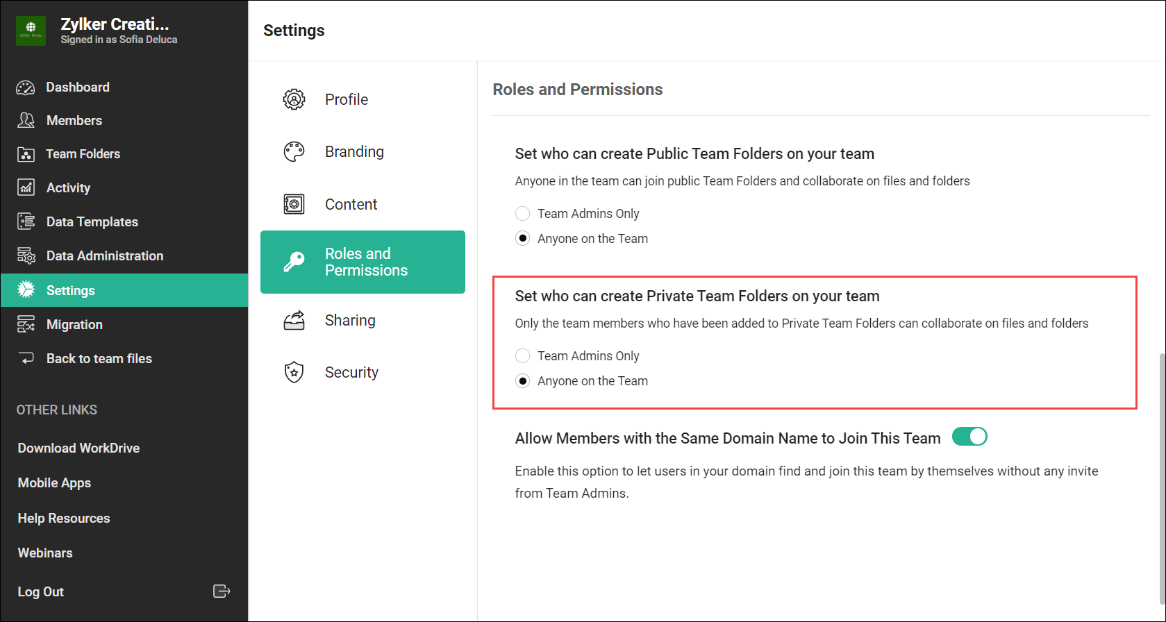 Permission for creating Private Team Folders