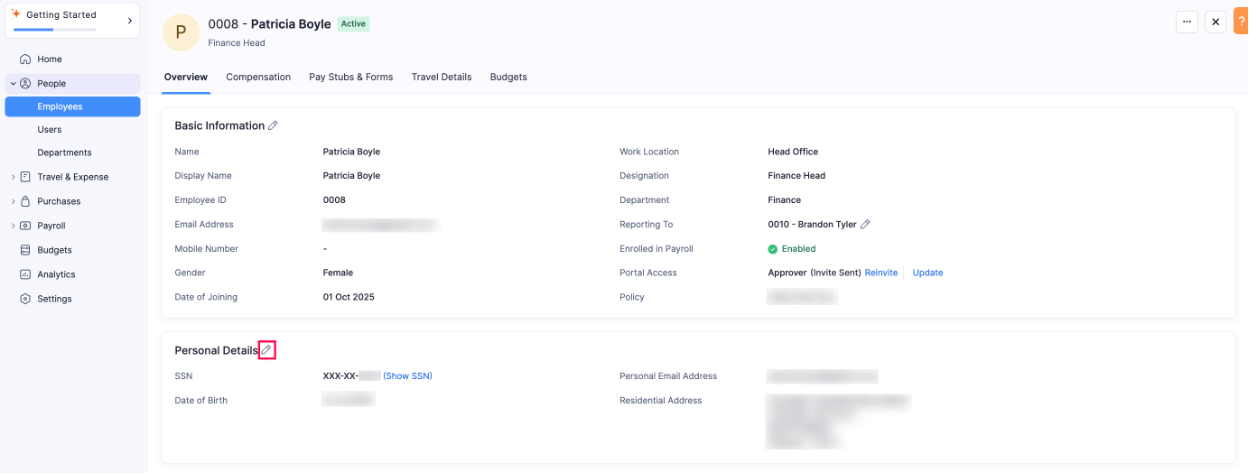 Edit Personal Details of Employee