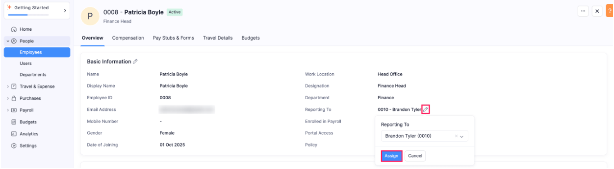 Edit Reporting To of Employee