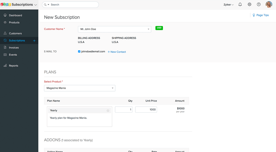 Subscription creation in Zoho Subscriptions