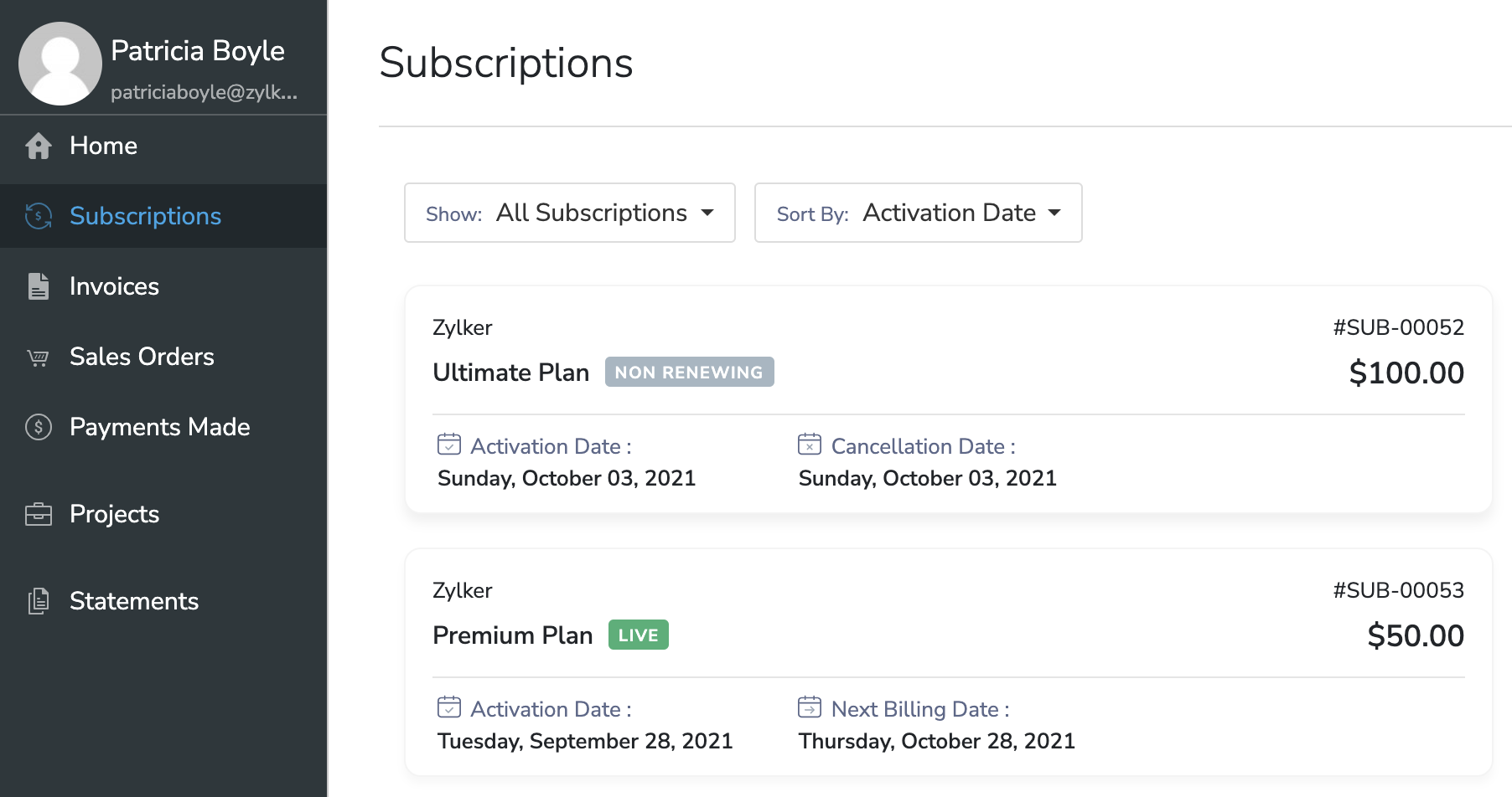 Subscriptions List View