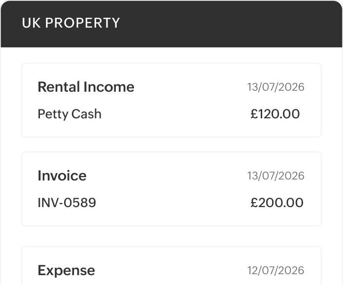Zoho Books property transactions showing rental income, invoices, and expenses
