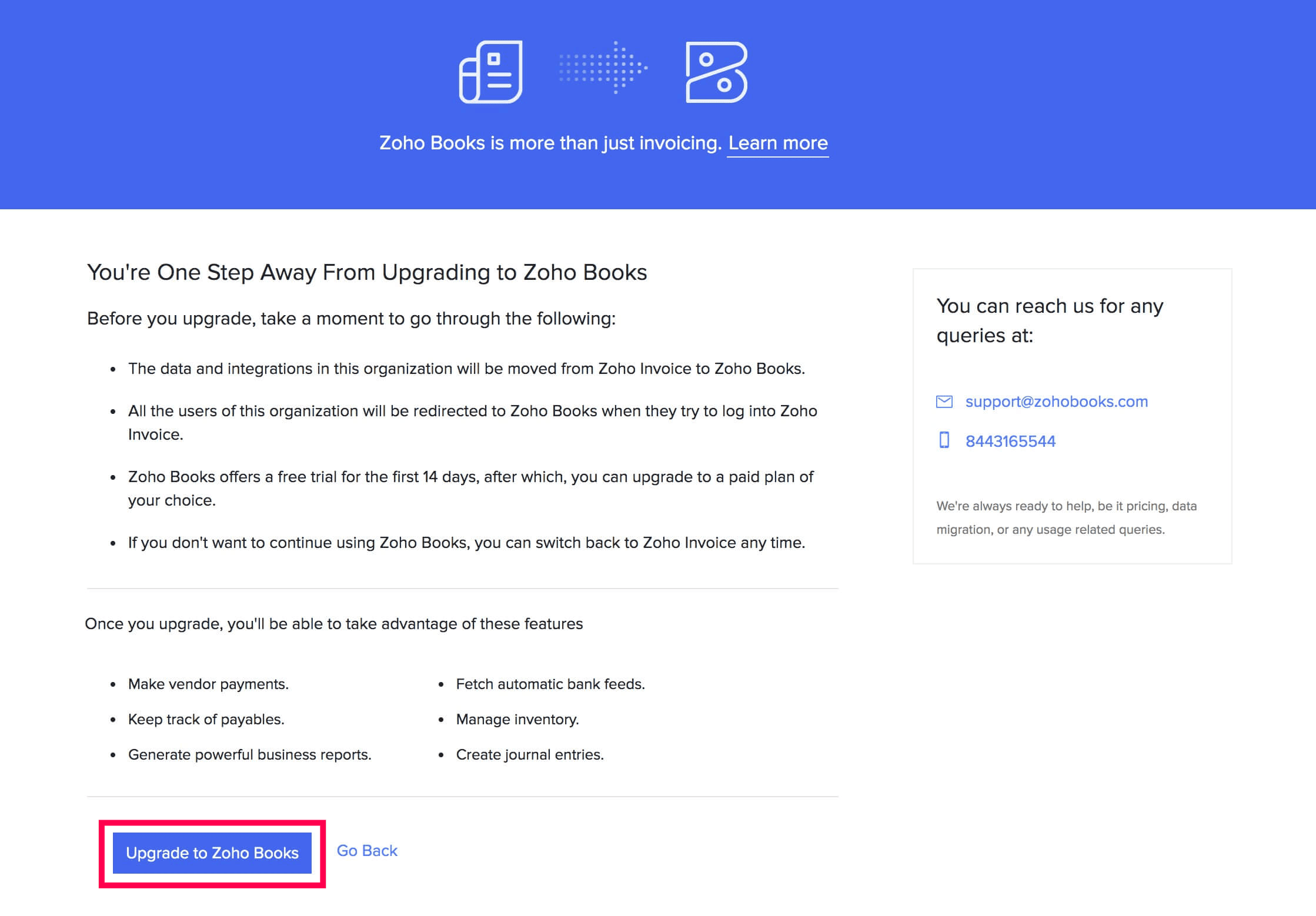Upgrade to Zoho Books
