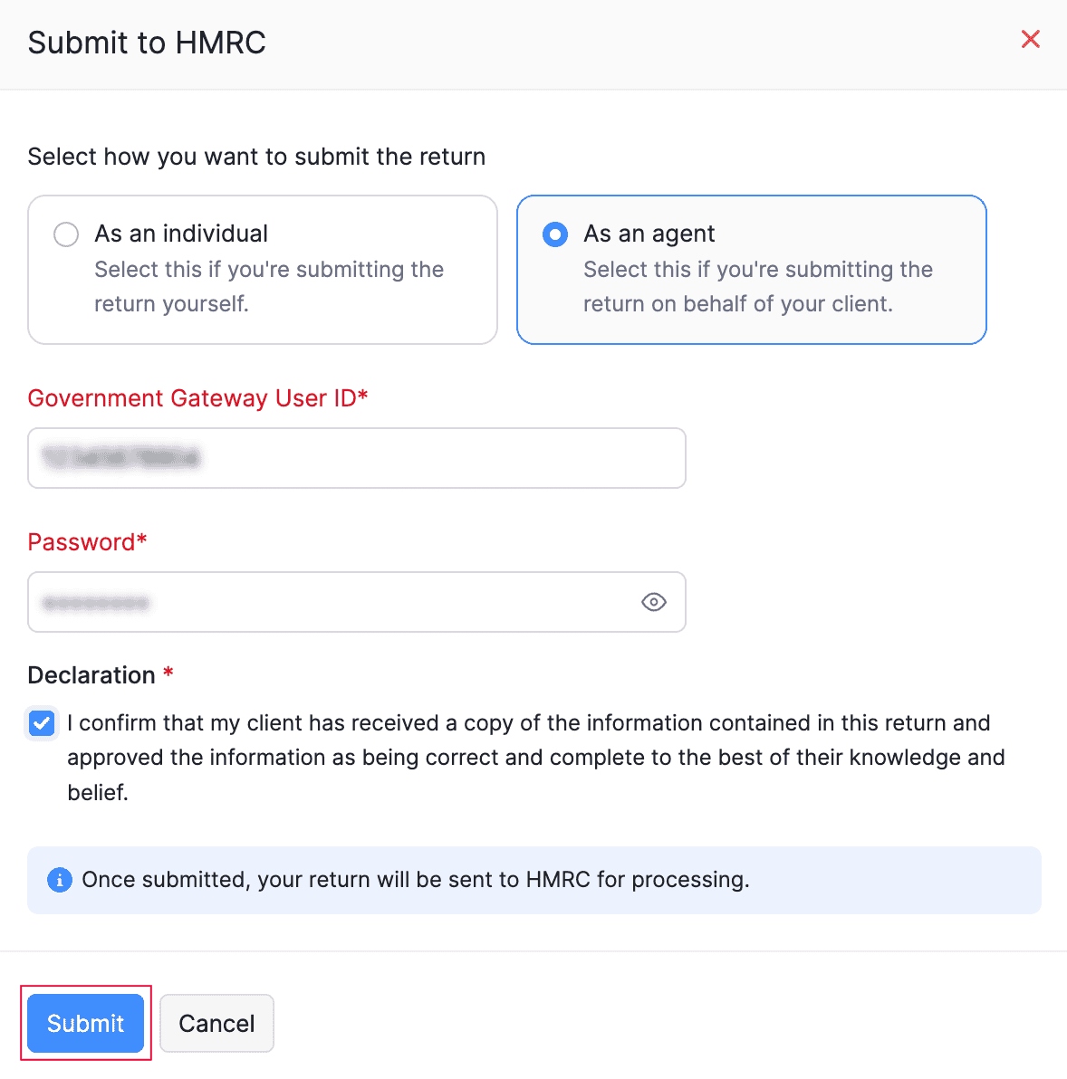 Submit to HMRC Pop-up