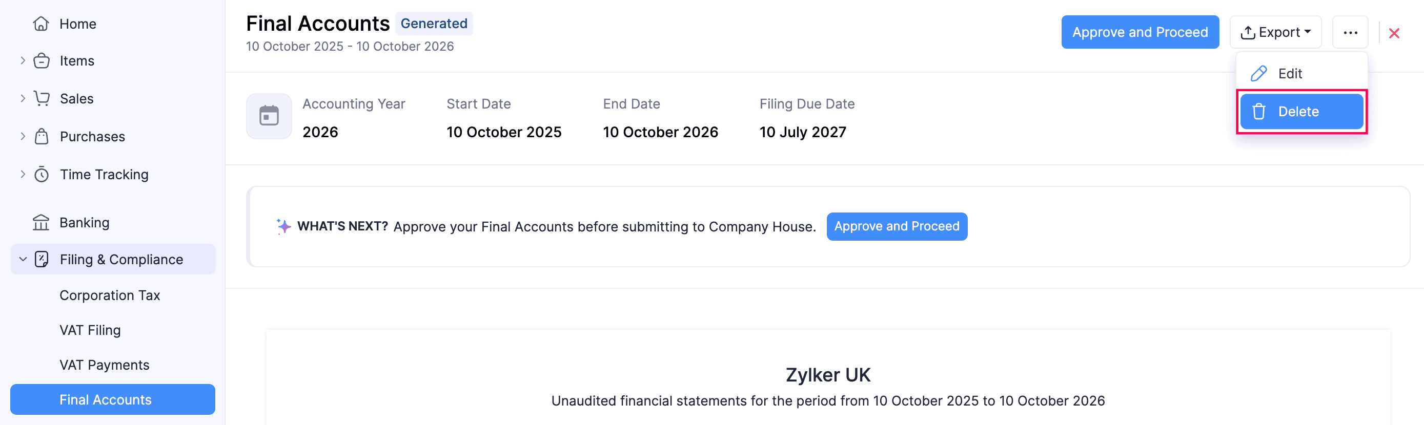 Delete Final Accounts Report