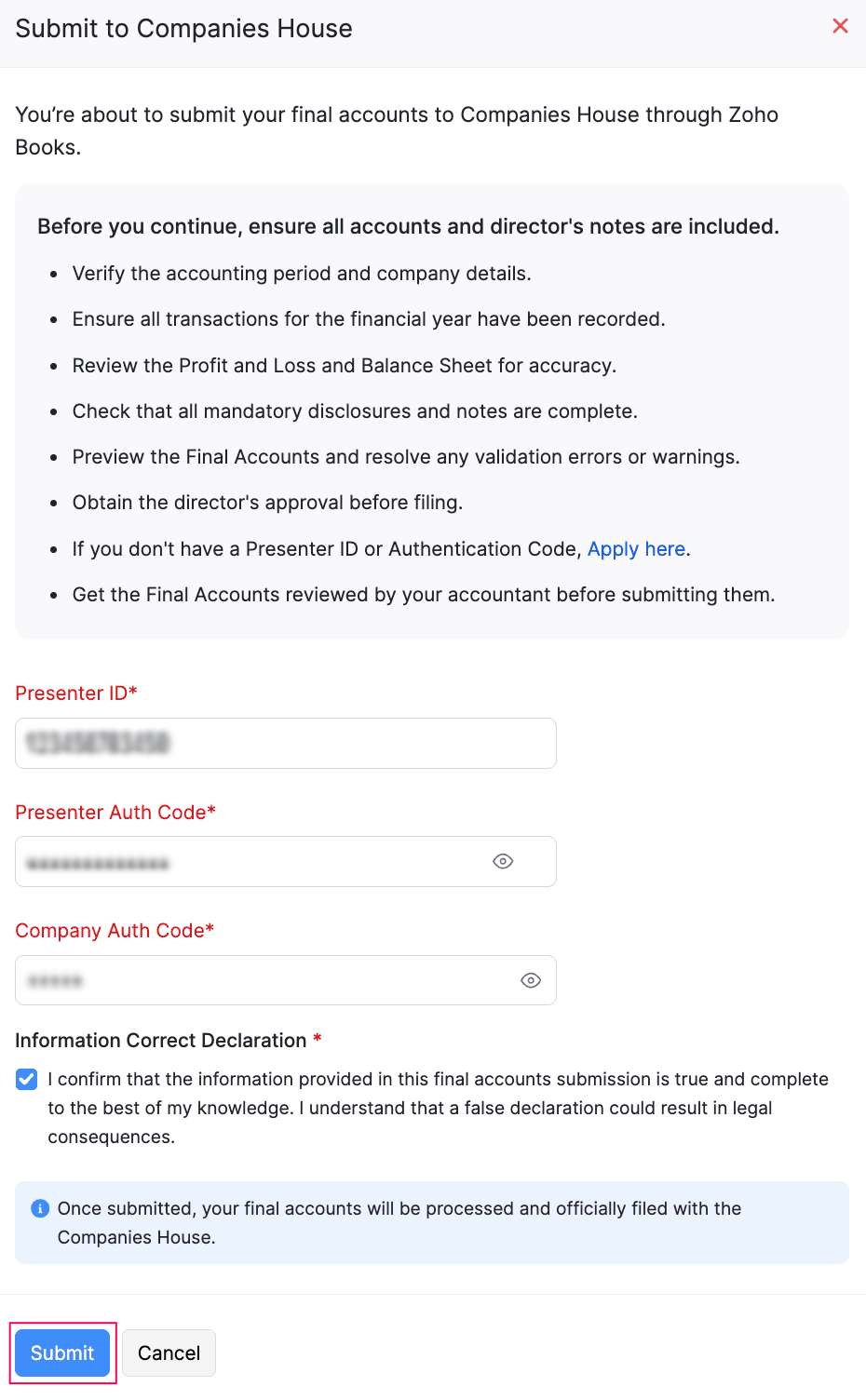 Submit to Company House pop-up
