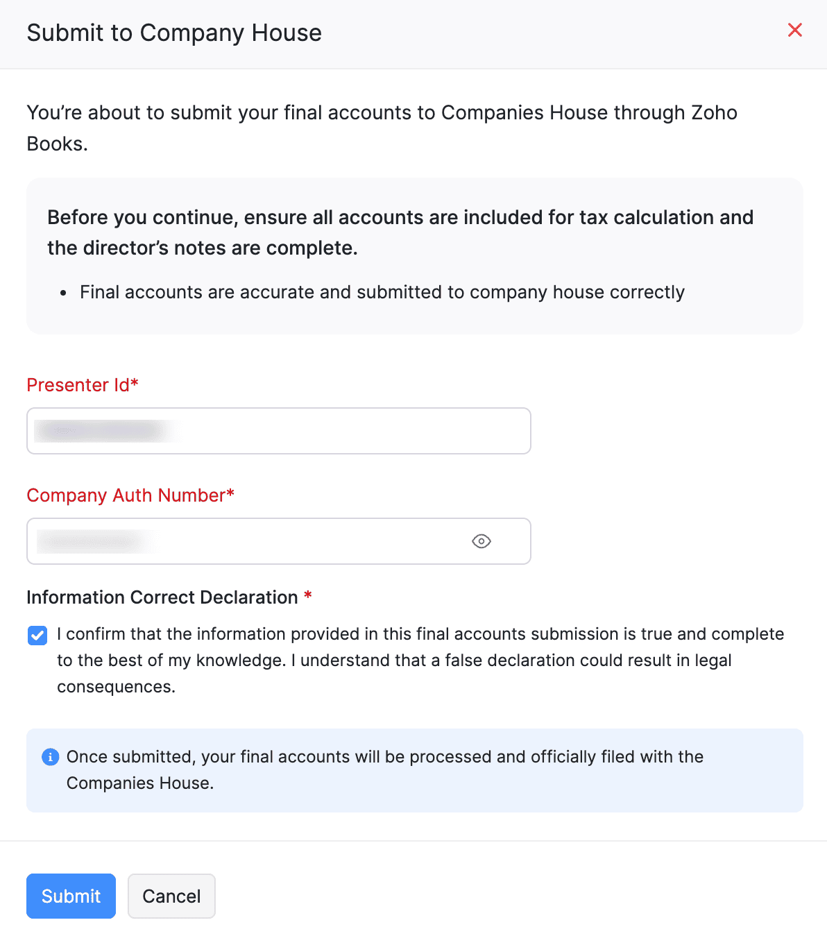 Submit to Company House pop-up
