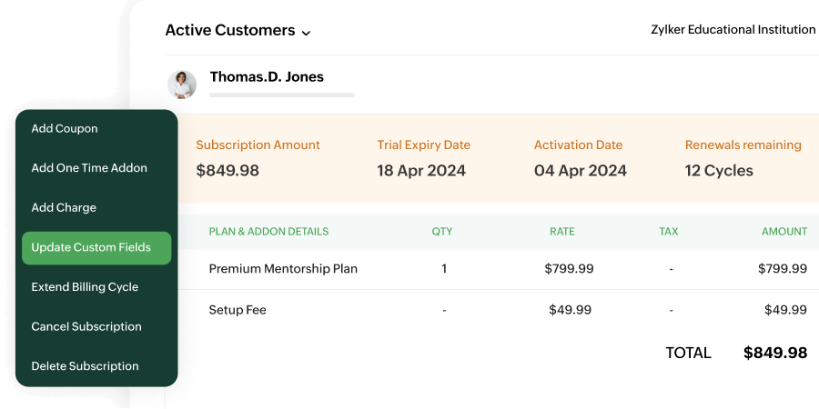 Preview of Zoho Billing's customer module