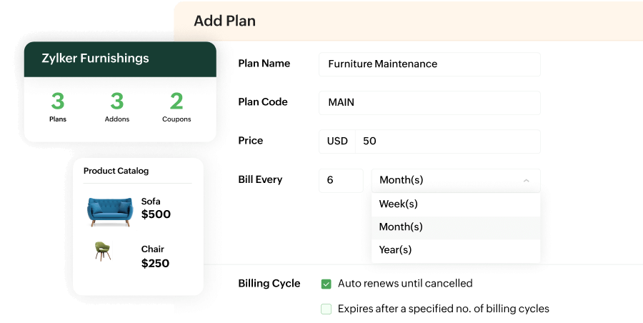 Zoho Billing interface for creating a subscription plan, showing fields for plan name, code, price, billing frequency, and auto-renewal options, alongside a product catalog with sofa and chair prices, and summary of plans, add-ons, and coupons.