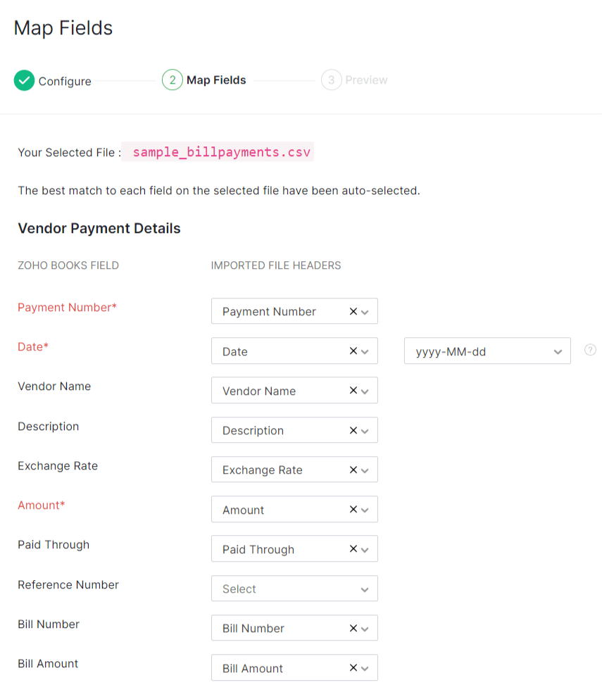 Map the fields in the imported file with the fields in Zoho Books