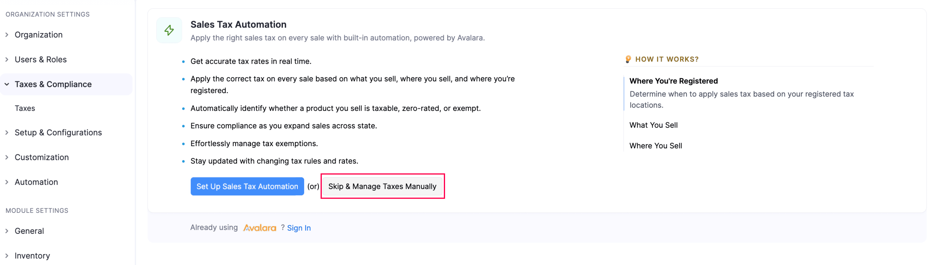 Manage Taxes Manually